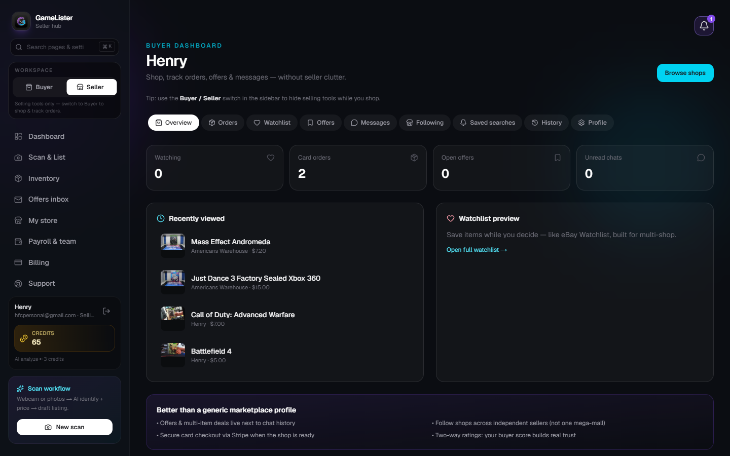 GameLister buyer hub