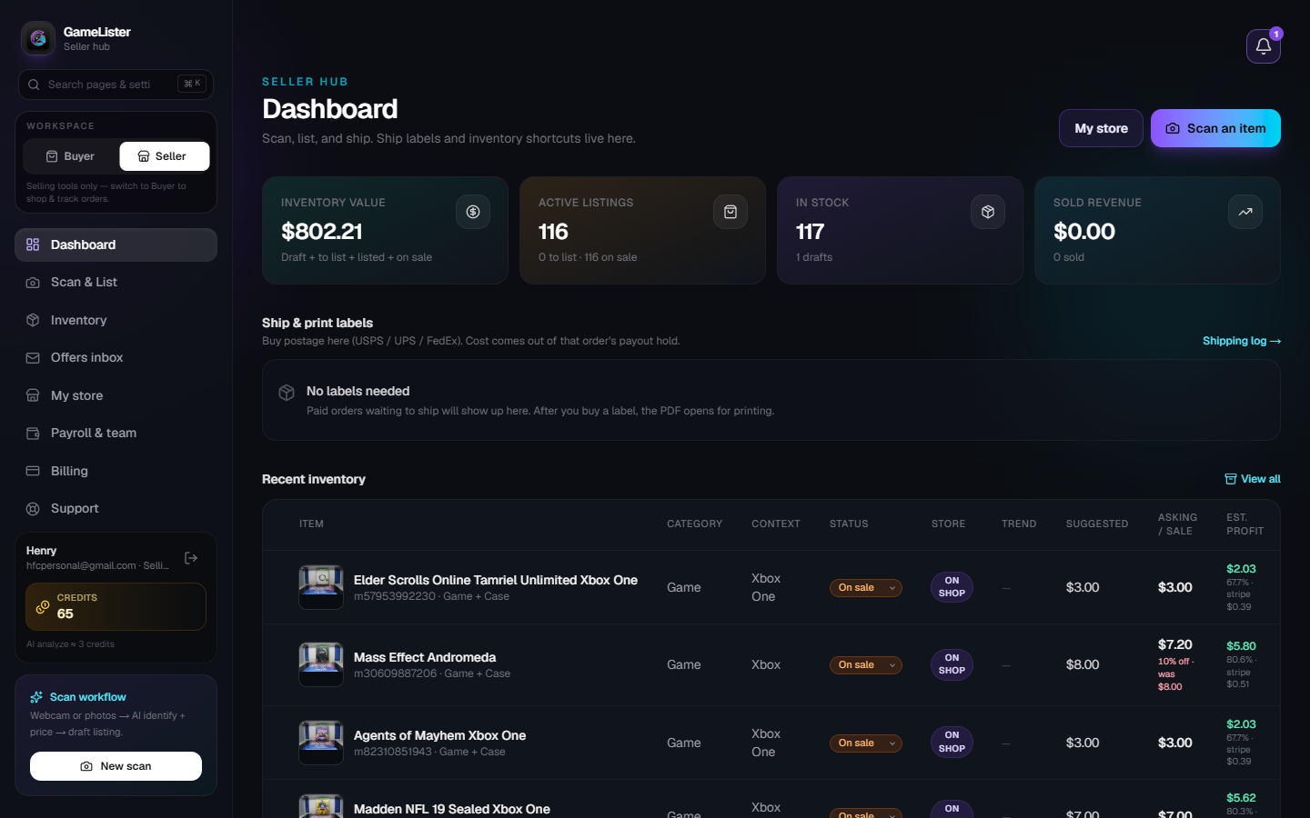 GameLister seller dashboard