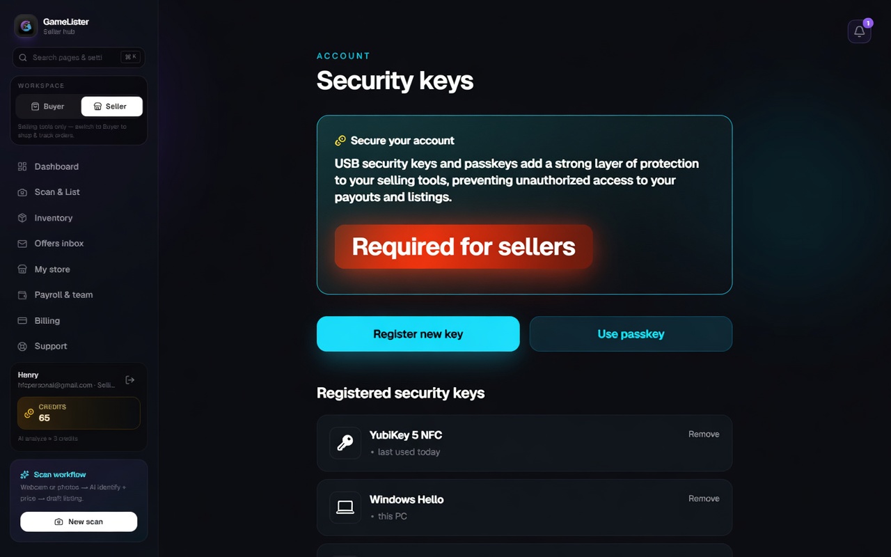 Preview of Security keys for sellers
